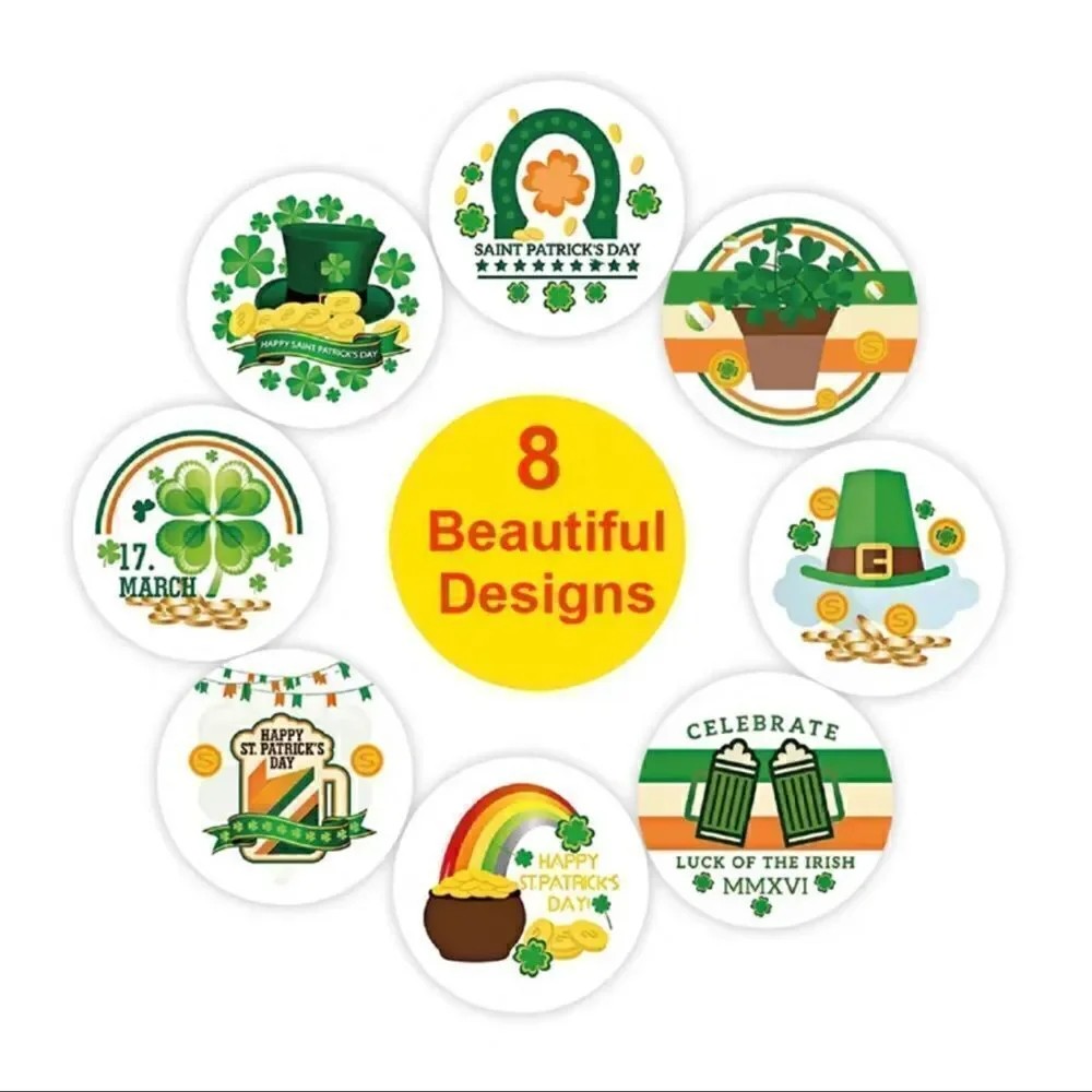 500 St. Patrick's Day Sticker Roll, 1 Inch 8 Styles Irish Green Shamrock